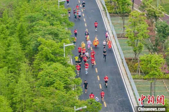 图为江铃控股·2024南昌象湖半程马拉松参赛选手奔跑在南昌城市绿道上，用脚步丈量城市之美。主办方供图