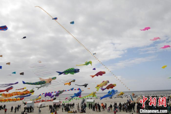 当地时间4月20日，第37届法国贝尔克国际风筝节揭幕，中国担任本届风筝节的主宾国。图为中国百米长龙风筝当天亮相风筝节。　中新社记者 李洋 摄